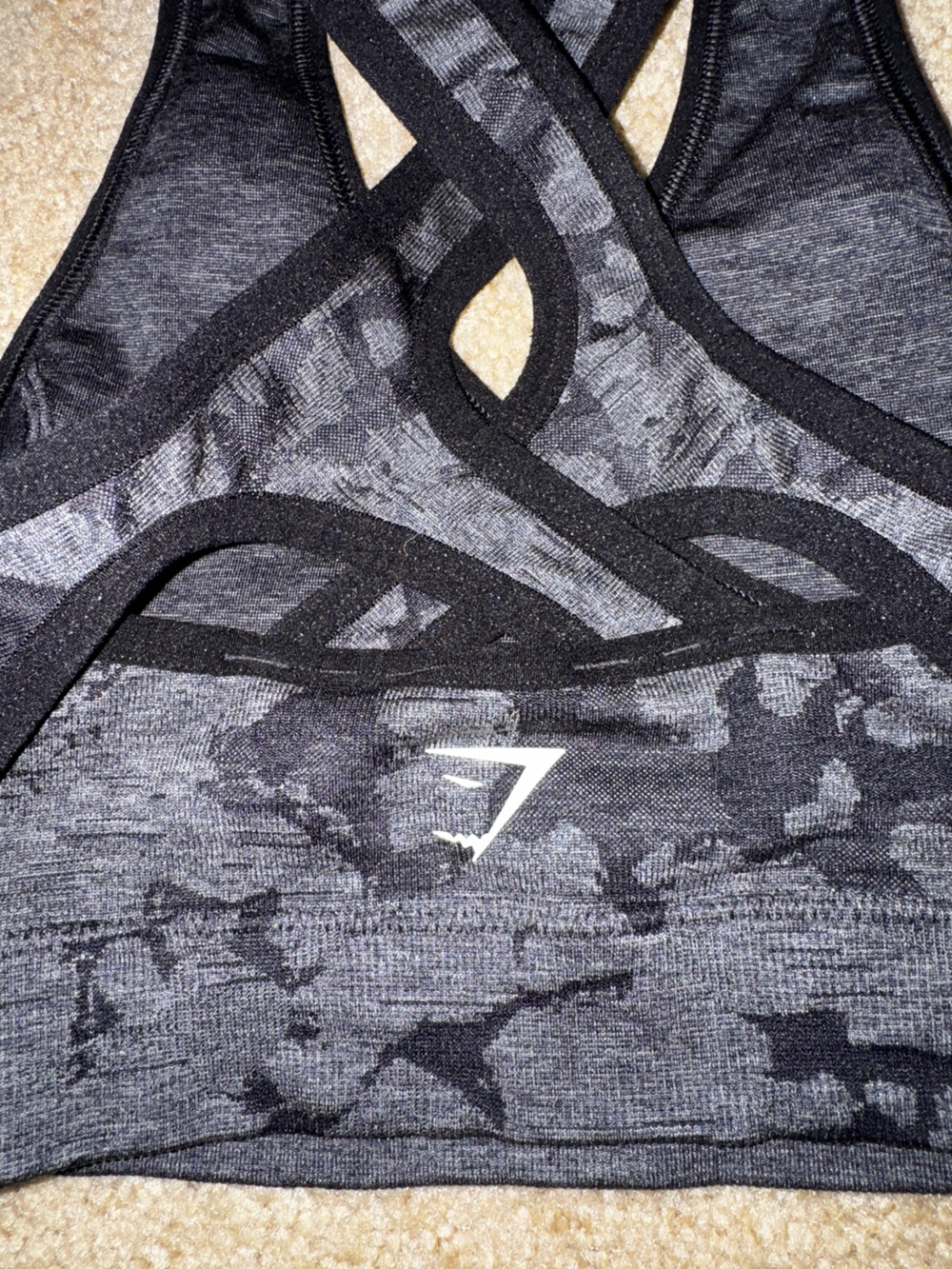 Gymshark Gray Black Camo Cross Back Sports Bra Strappy Workout Top - Picture 3 of 6